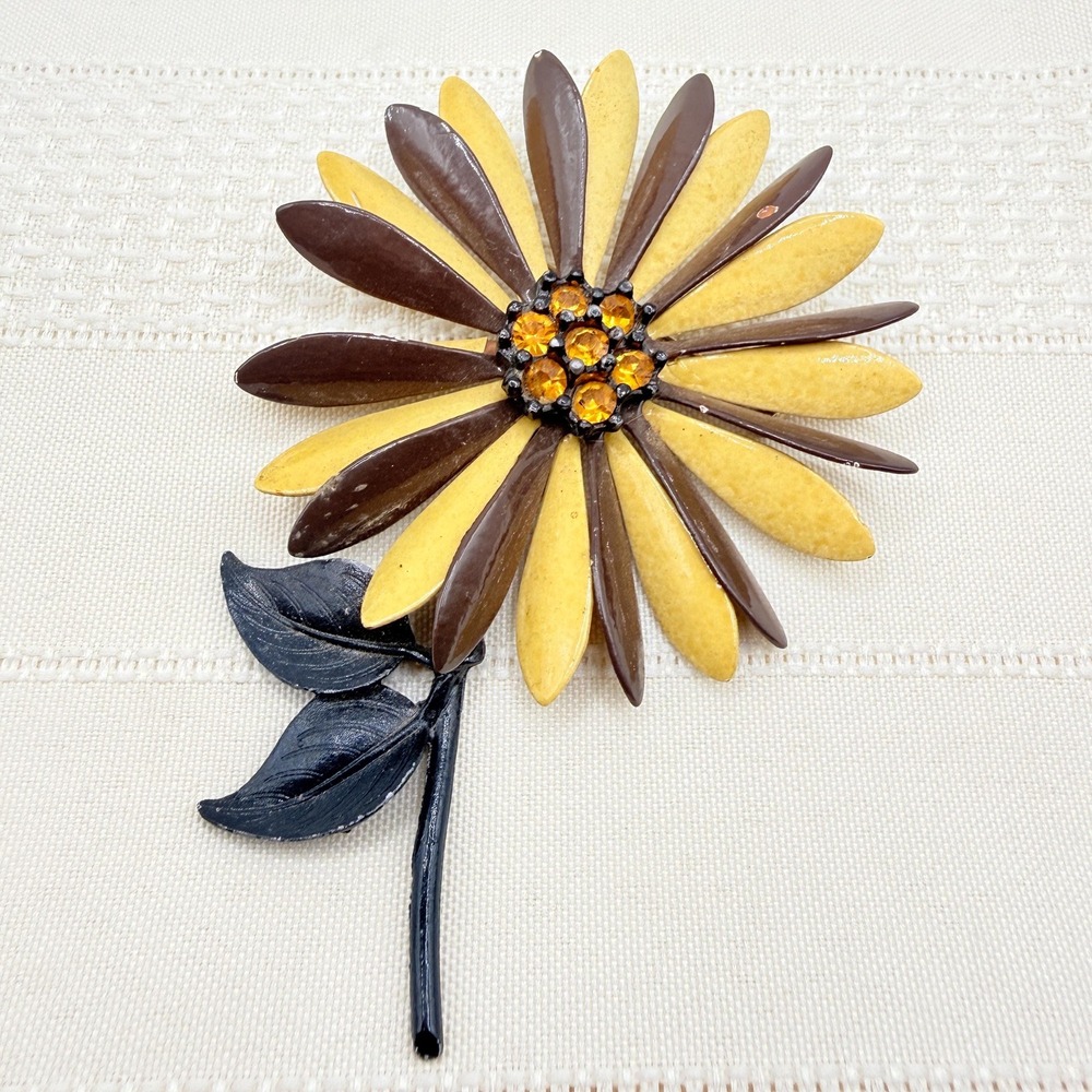 Vintage Brown & Yellow Enamel Flower Power Floral Brooch w/ Orange Rhinestones
